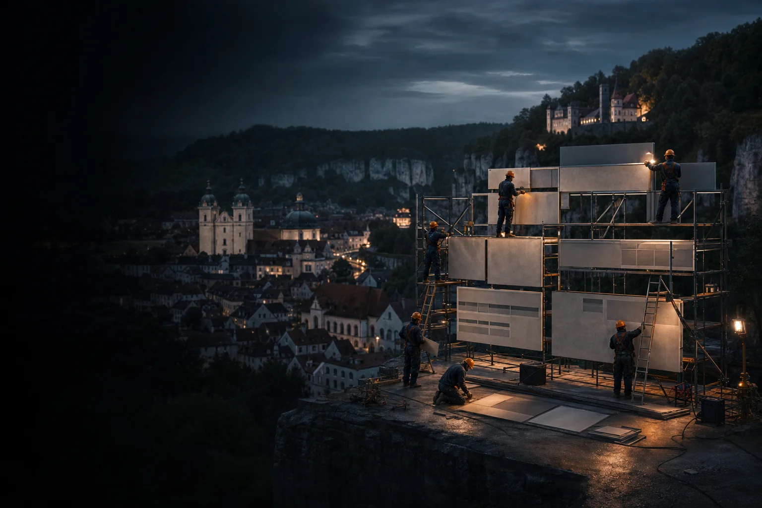 Modulare Website-Elemente werden vor einer abendlichen Stadt- und Tallandschaft der Region Eichstätt aufgebaut